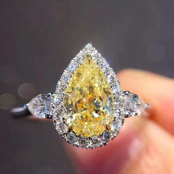 🔥925 Silver Yellow Water Drop Romantic Crystal Diamond Ring for Women, K778 - Picture 9 of 10